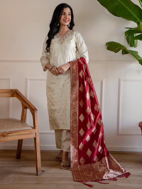 VP 9908 B Women’s Silk Emboidered Straight Kurta Pent Dupatta Sets | 3pcs Ethnic Set